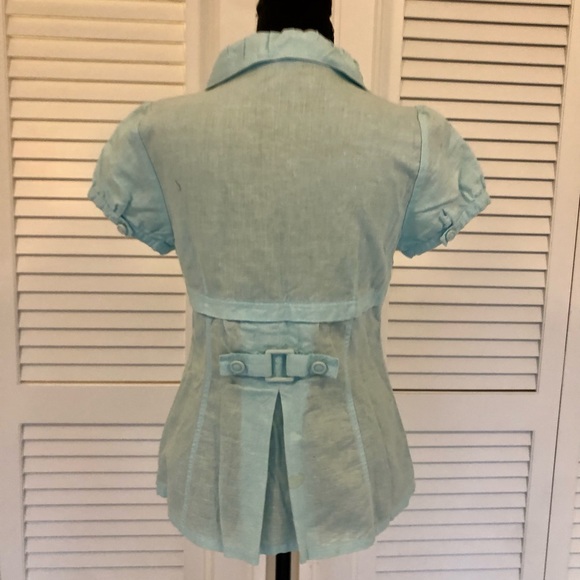 Vintage Retro Baby Blue Linen Blouse with Decorative Buckle on the Back - Picture 3 of 6